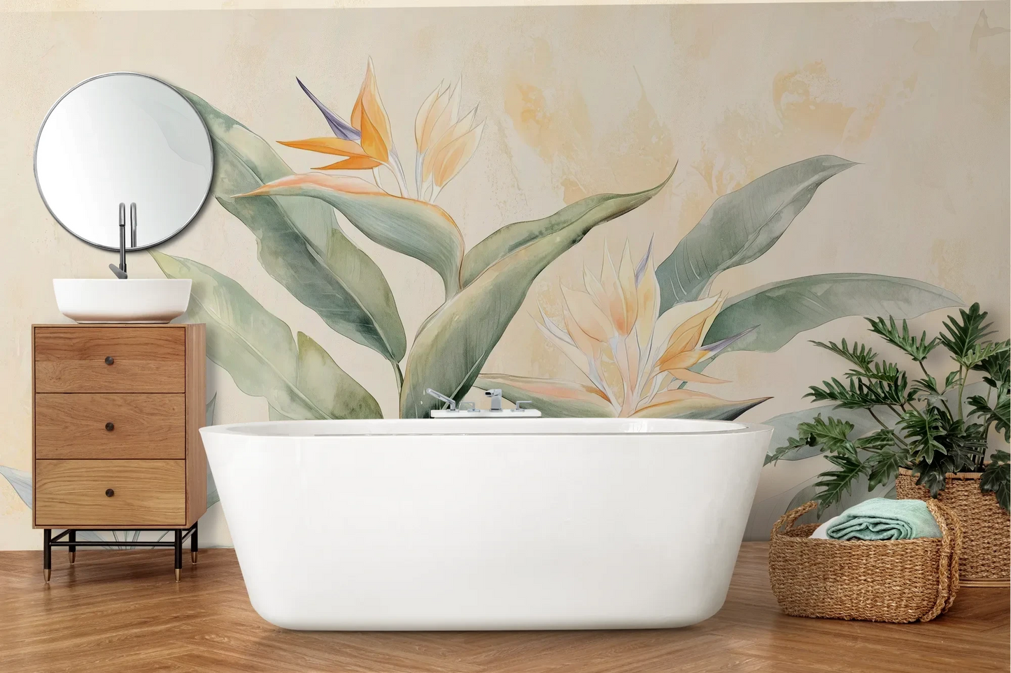 Wzór fototapety STRELITZIA CHARM - tapeta z egzotycznymi kwiatami rajskiego ptaka w pastelowych odcieniach pokazanej w aranżacji łazienki.