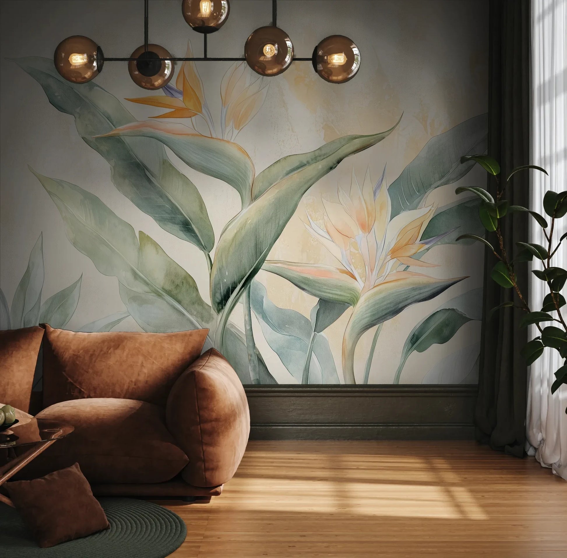 Fototapeta STRELITZIA CHARM - tapeta z egzotycznymi kwiatami rajskiego ptaka w pastelowych odcieniach pokazana w aranżacji wnętrza z akcentem na ścianie.