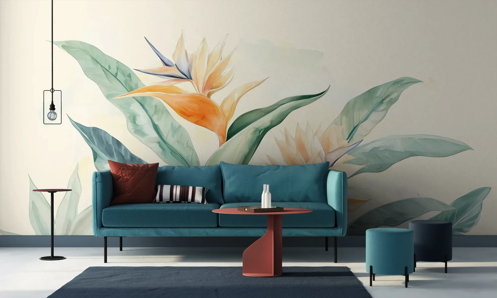 Wzór fototapety PARADISE GLOW - tapeta z tropikalnymi kwiatami strelicji w pastelowych barwach pokazanej w aranżacji salonu.