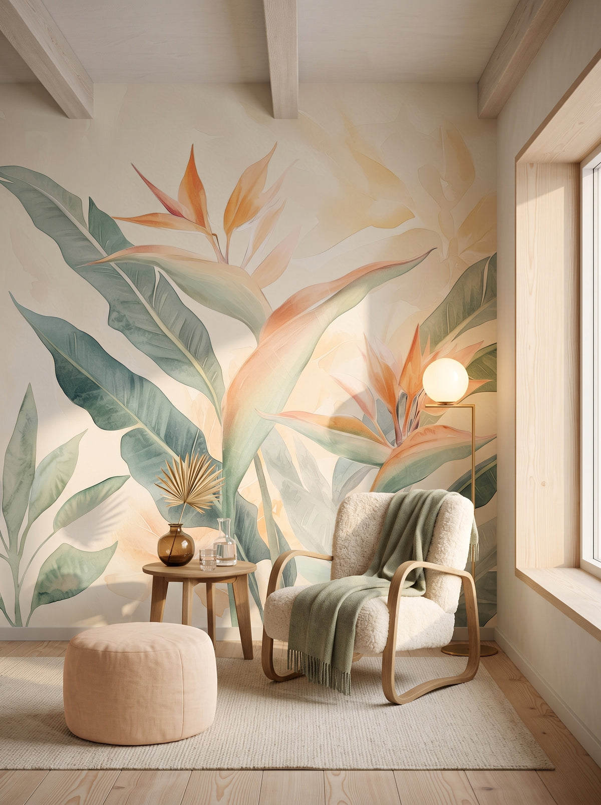 Fototapeta artystyczna o nazwie TROPICAL SOFTNESS w aranżacji wnętrza: kącik do czytania w skandynawskiej willi.