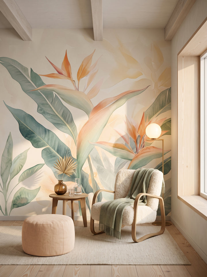 Fototapeta artystyczna o nazwie TROPICAL SOFTNESS w aranżacji wnętrza: kącik do czytania w skandynawskiej willi.