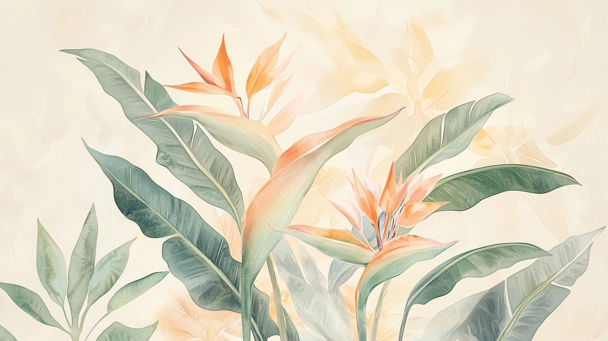 Prezentacja całego wzoru fototapety o nazwie TROPICAL SOFTNESS - tapeta z delikatnymi liśćmi strelirii
