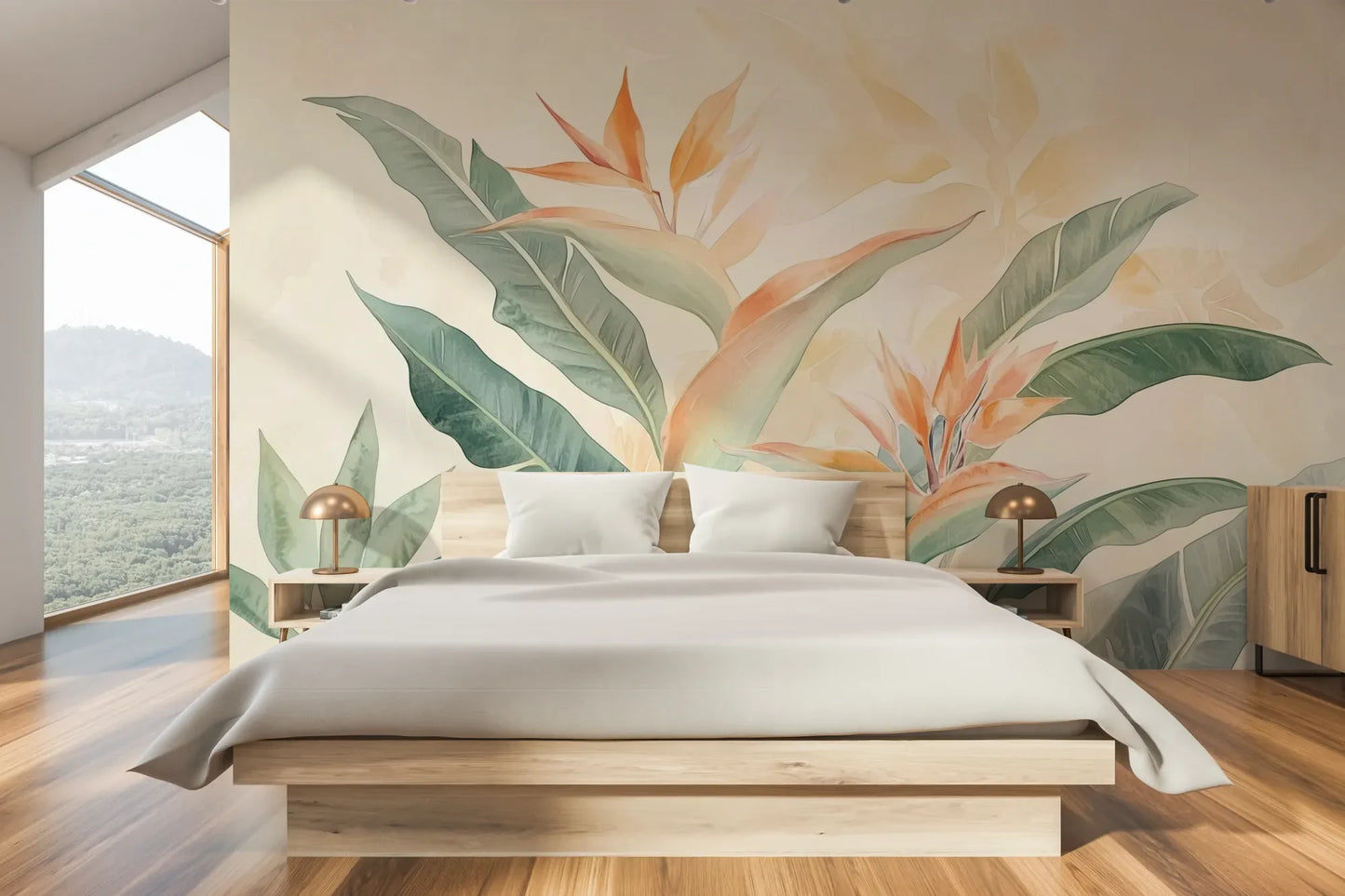 Wzór fototapety TROPICAL SOFTNESS - tapeta z delikatnymi liśćmi strelirii pokazanej w aranżacji sypialni.