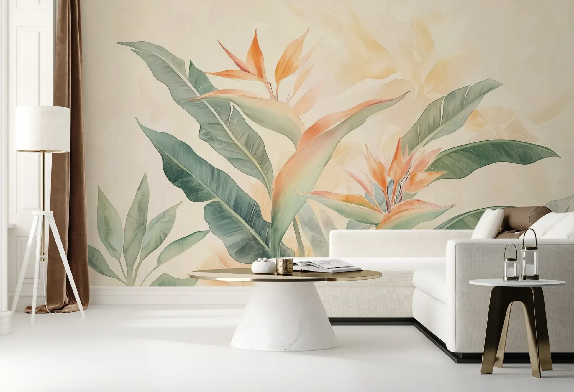 Wzór fototapety TROPICAL SOFTNESS - tapeta z delikatnymi liśćmi strelirii pokazanej w aranżacji salonu.