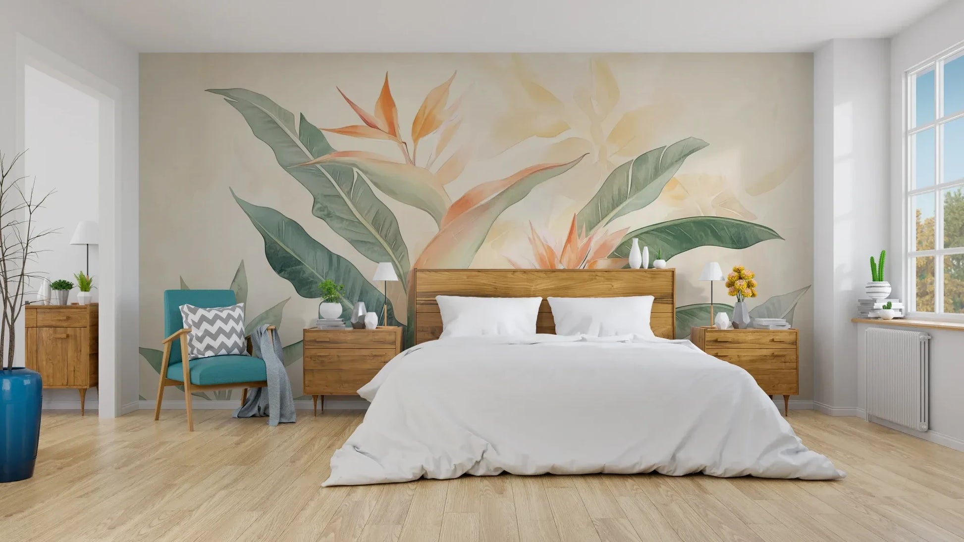 Wzór fototapety TROPICAL SOFTNESS - tapeta z delikatnymi liśćmi strelirii pokazanej w aranżacji sypialni.
