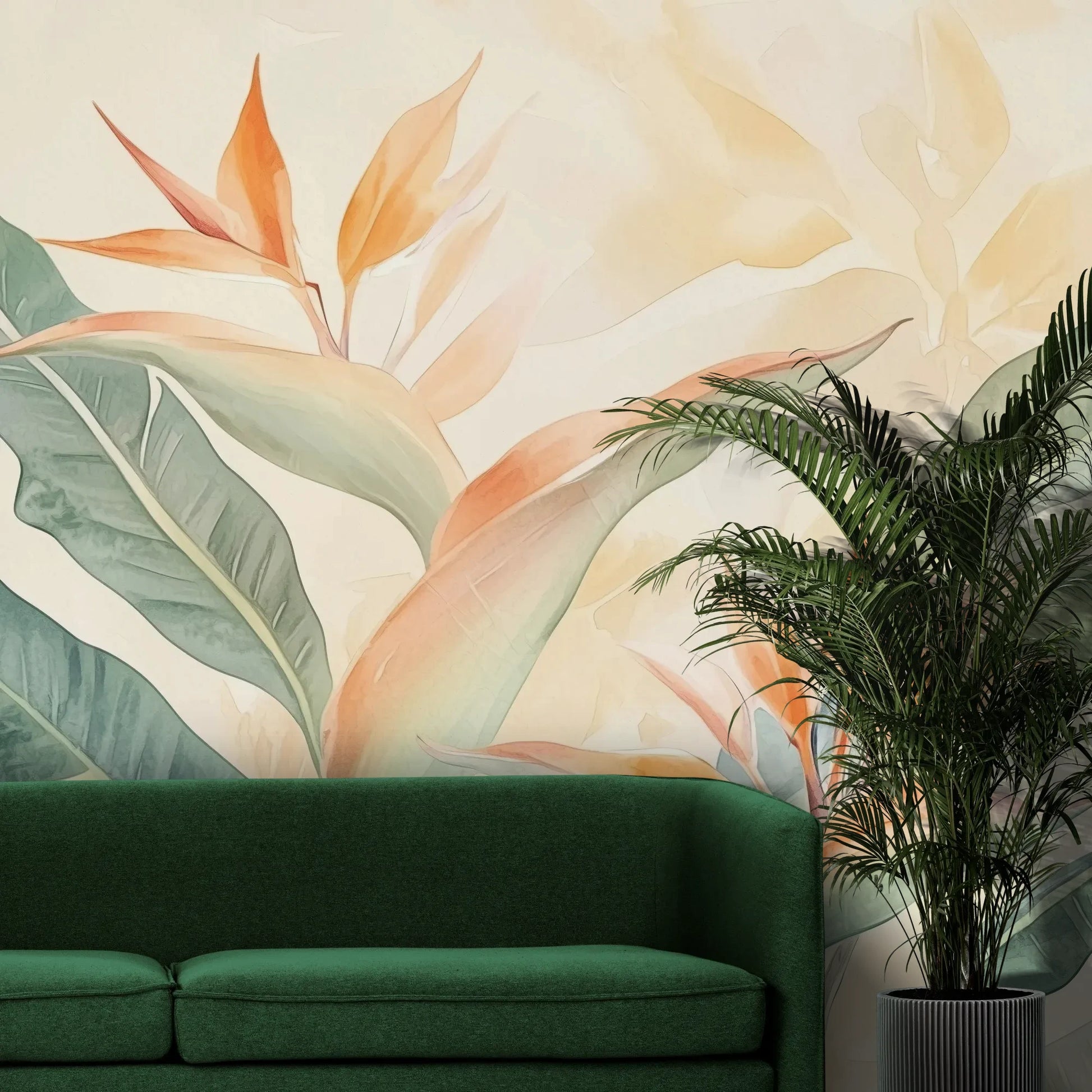 Fototapeta TROPICAL SOFTNESS - tapeta z delikatnymi liśćmi strelirii pokazana w aranżacji wnętrza z akcentem na ścianie.