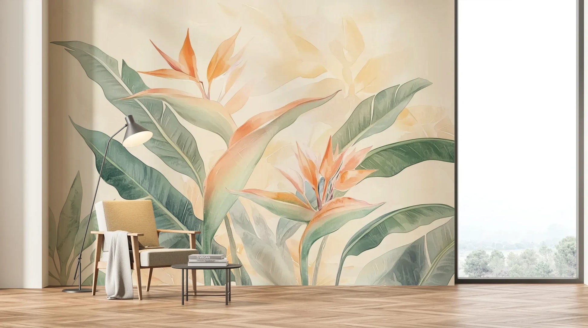 Wzór fototapety TROPICAL SOFTNESS - tapeta z delikatnymi liśćmi strelirii pokazanej w aranżacji salonu.