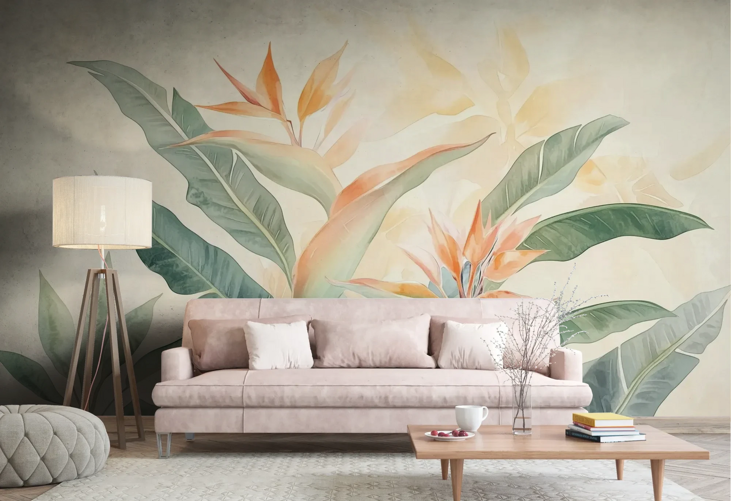 Wzór fototapety TROPICAL SOFTNESS - tapeta z delikatnymi liśćmi strelirii pokazanej w aranżacji salonu.