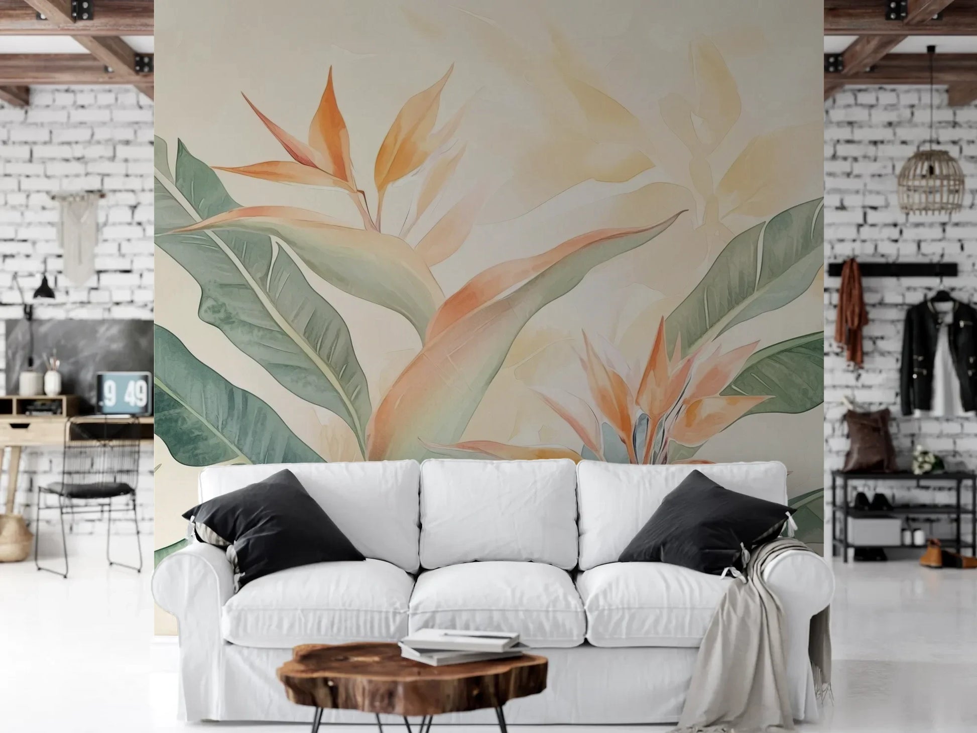 Wzór fototapety TROPICAL SOFTNESS - tapeta z delikatnymi liśćmi strelirii pokazanej w aranżacji salonu.