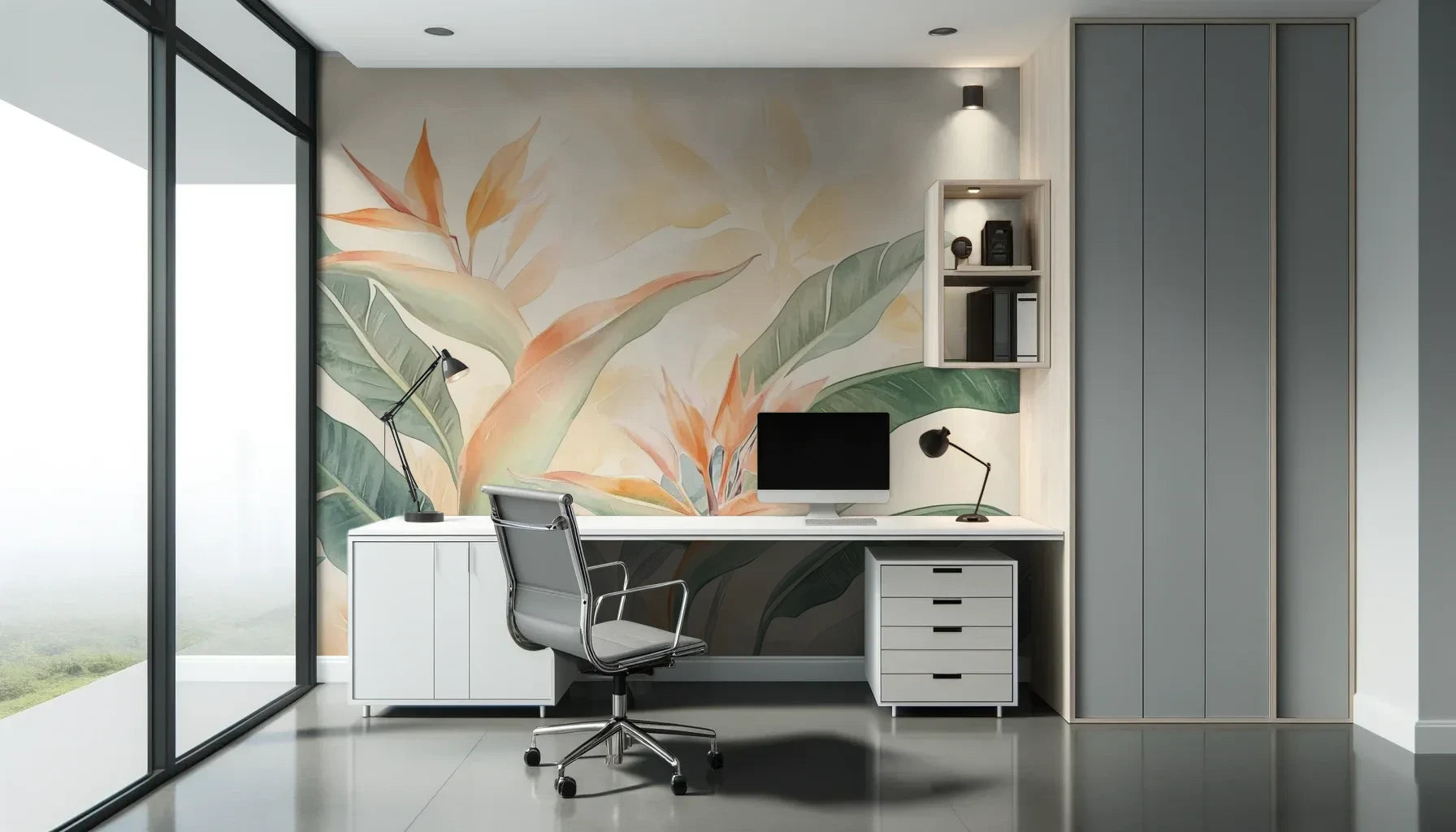 Fototapeta TROPICAL SOFTNESS - tapeta z delikatnymi liśćmi strelirii pokazana w aranżacji biura.