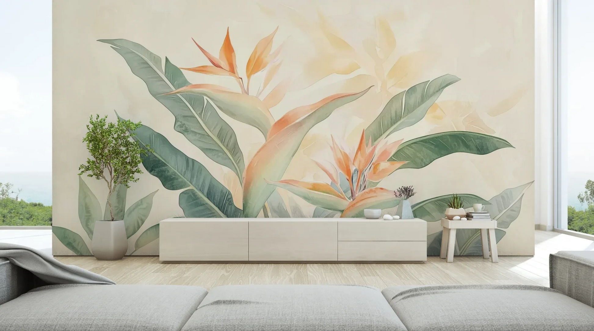 Wzór fototapety TROPICAL SOFTNESS - tapeta z delikatnymi liśćmi strelirii pokazanej w aranżacji salonu.