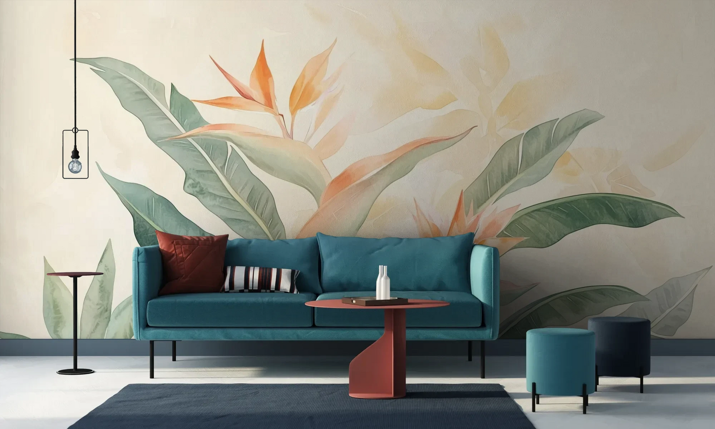 Wzór fototapety TROPICAL SOFTNESS - tapeta z delikatnymi liśćmi strelirii pokazanej w aranżacji salonu.