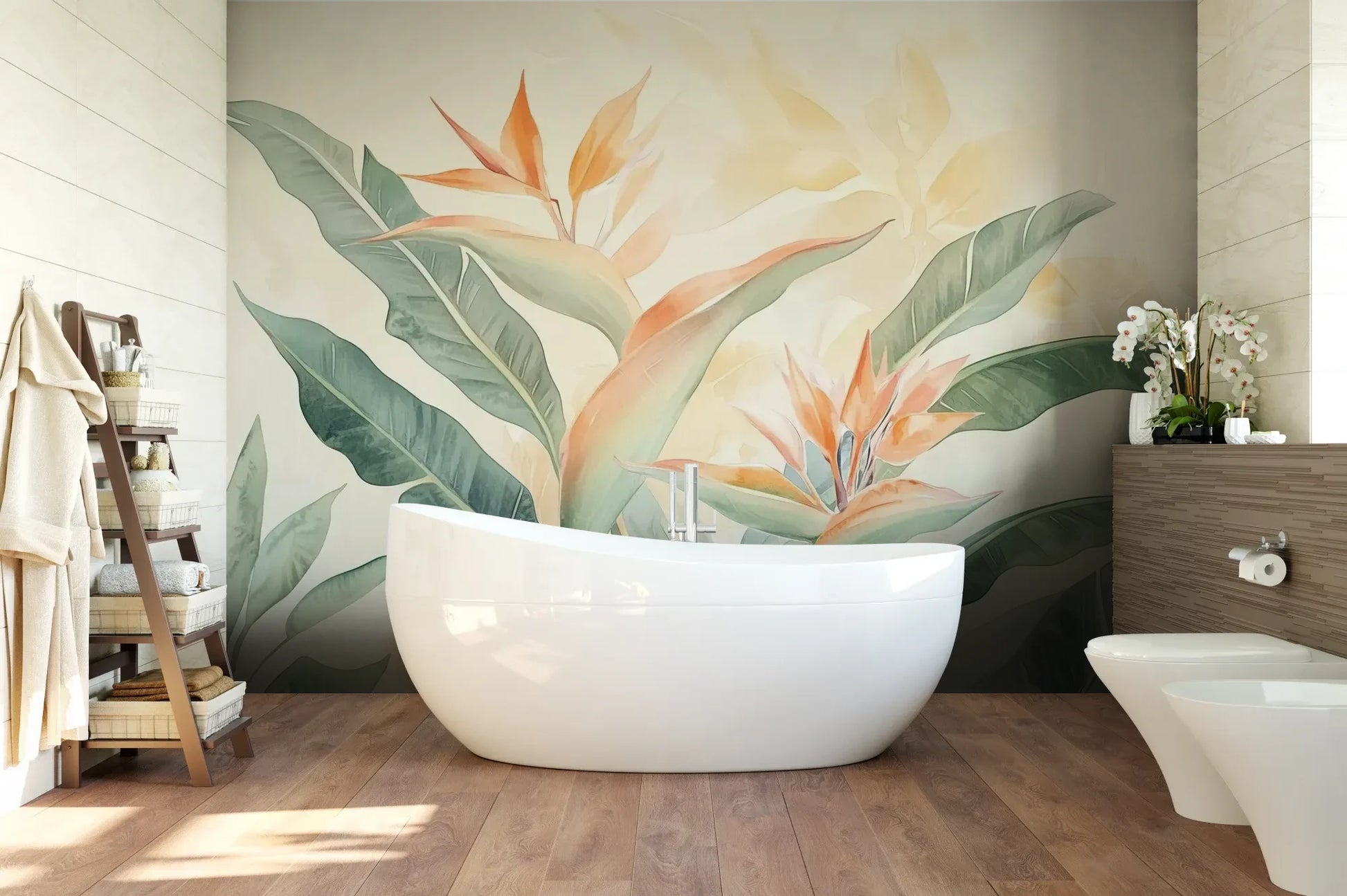 Wzór fototapety TROPICAL SOFTNESS - tapeta z delikatnymi liśćmi strelirii pokazanej w aranżacji łazienki.