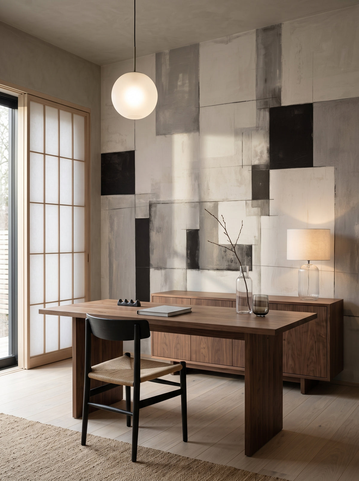 Künstlerische Fototapete „Geometric Intrigue“ im Interieur: privates Arbeitszimmer im Japandi-Stil.