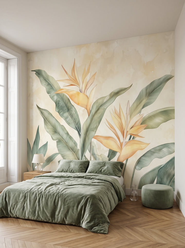 Fototapeta artystyczna o nazwie PARADISE RADIANCE w aranżacji wnętrza: sypialnia w eleganckim paryskim apartamencie.