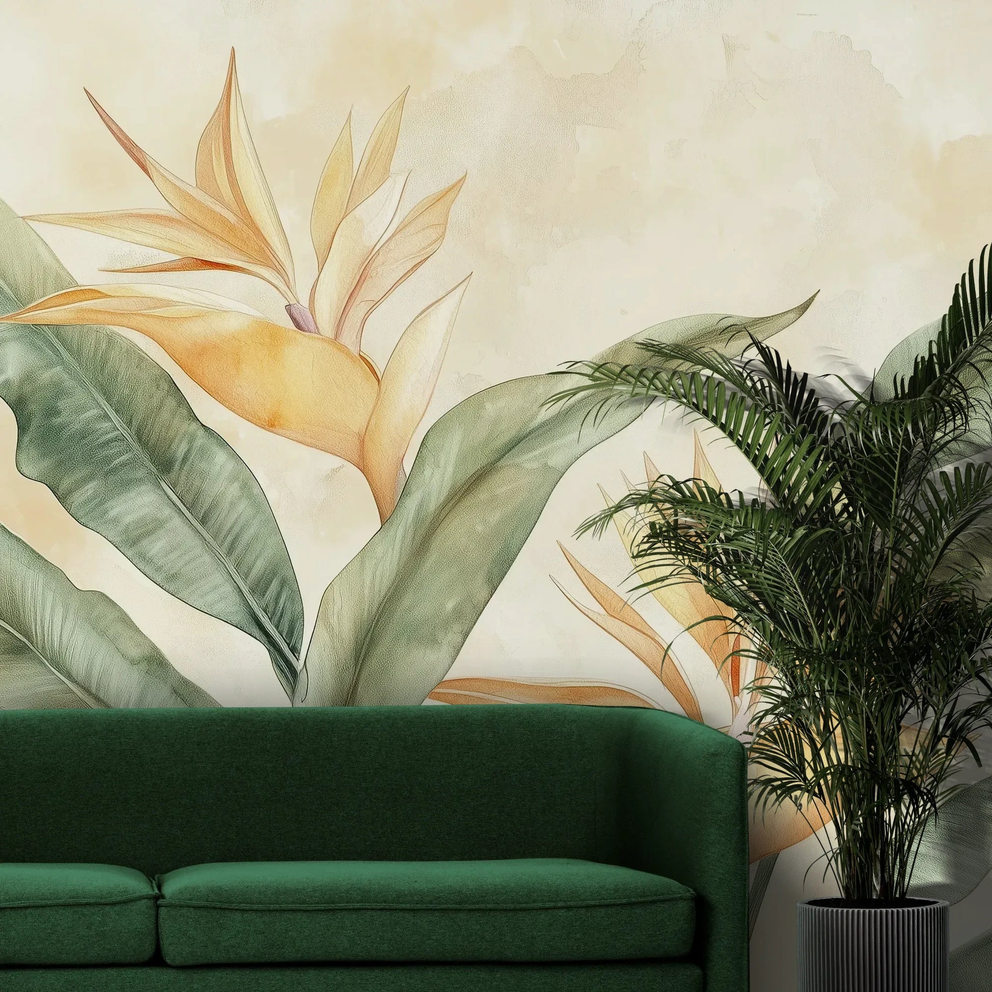 Fototapeta PARADISE RADIANCE - tapeta z rajskim kwiatem strelicji w akwarelowej stylistyce pokazana w aranżacji wnętrza z akcentem na ścianie.