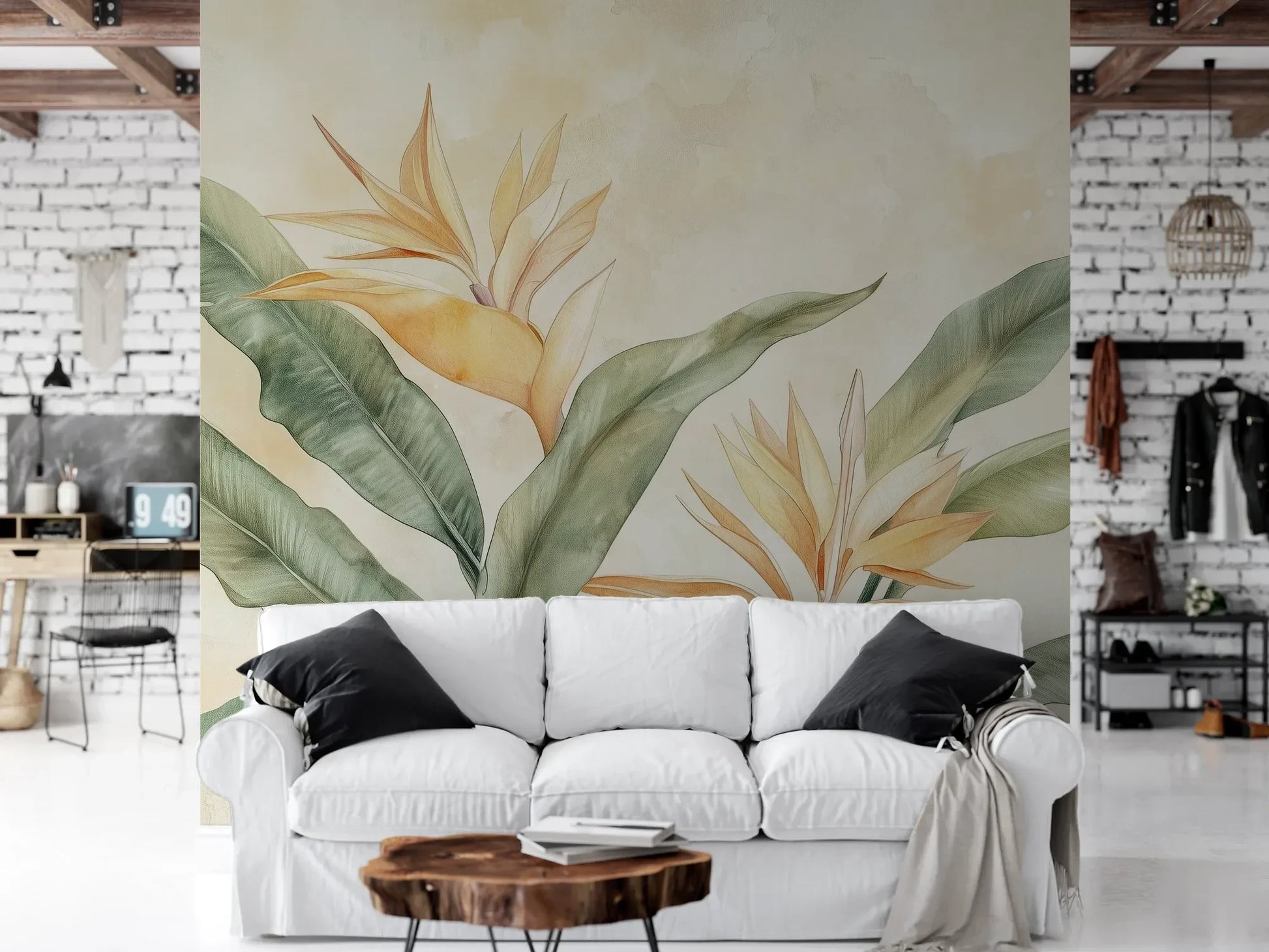 Wzór fototapety PARADISE RADIANCE - tapeta z rajskim kwiatem strelicji w akwarelowej stylistyce pokazanej w aranżacji salonu.