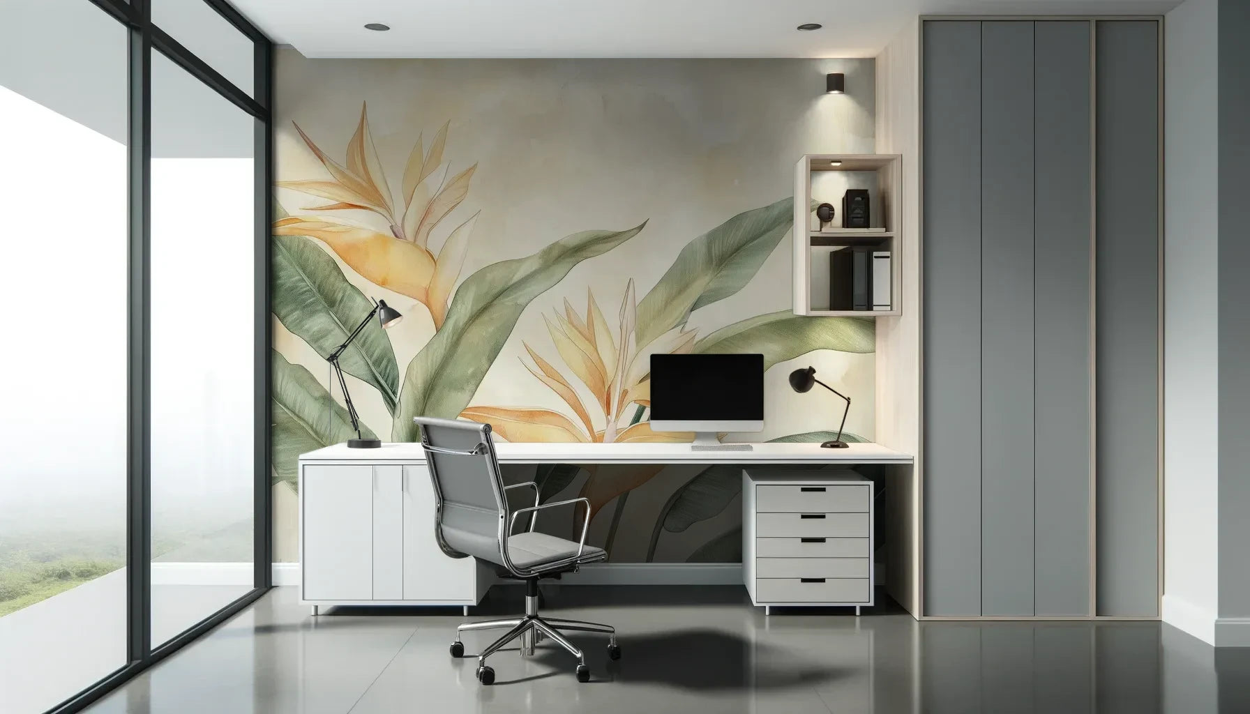 Fototapeta PARADISE RADIANCE - tapeta z rajskim kwiatem strelicji w akwarelowej stylistyce pokazana w aranżacji biura.