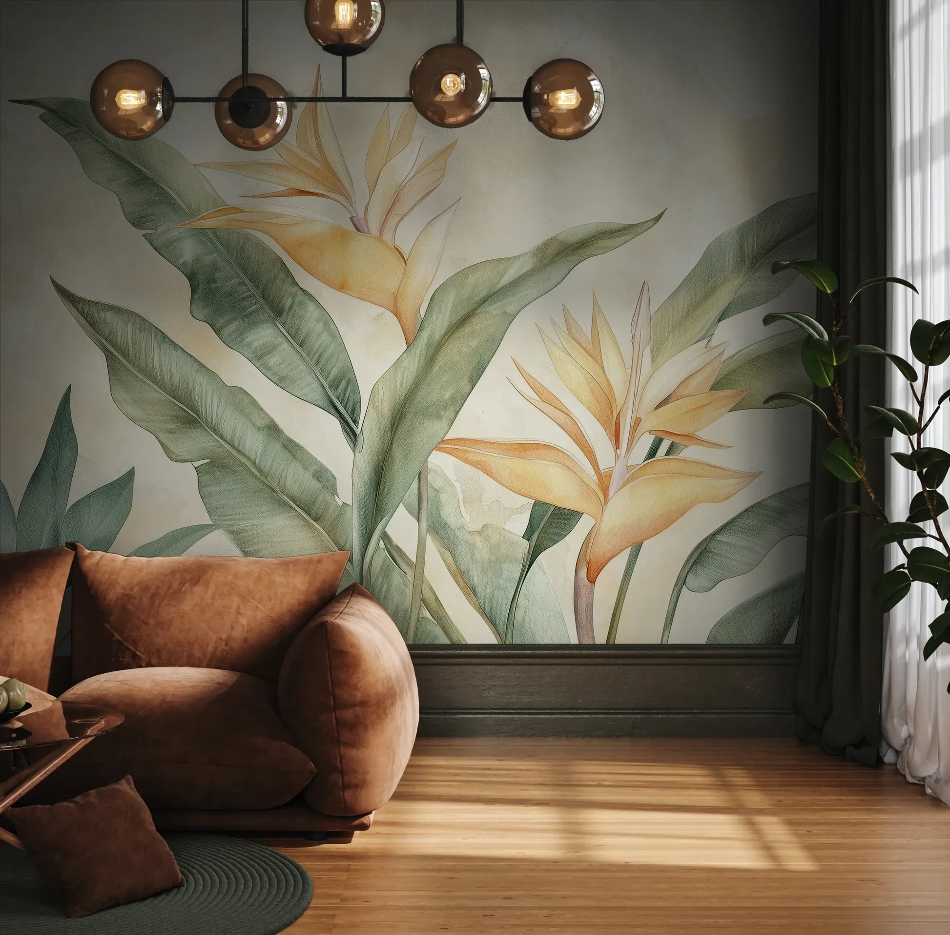 Fototapeta PARADISE RADIANCE - tapeta z rajskim kwiatem strelicji w akwarelowej stylistyce pokazana w aranżacji wnętrza z akcentem na ścianie.
