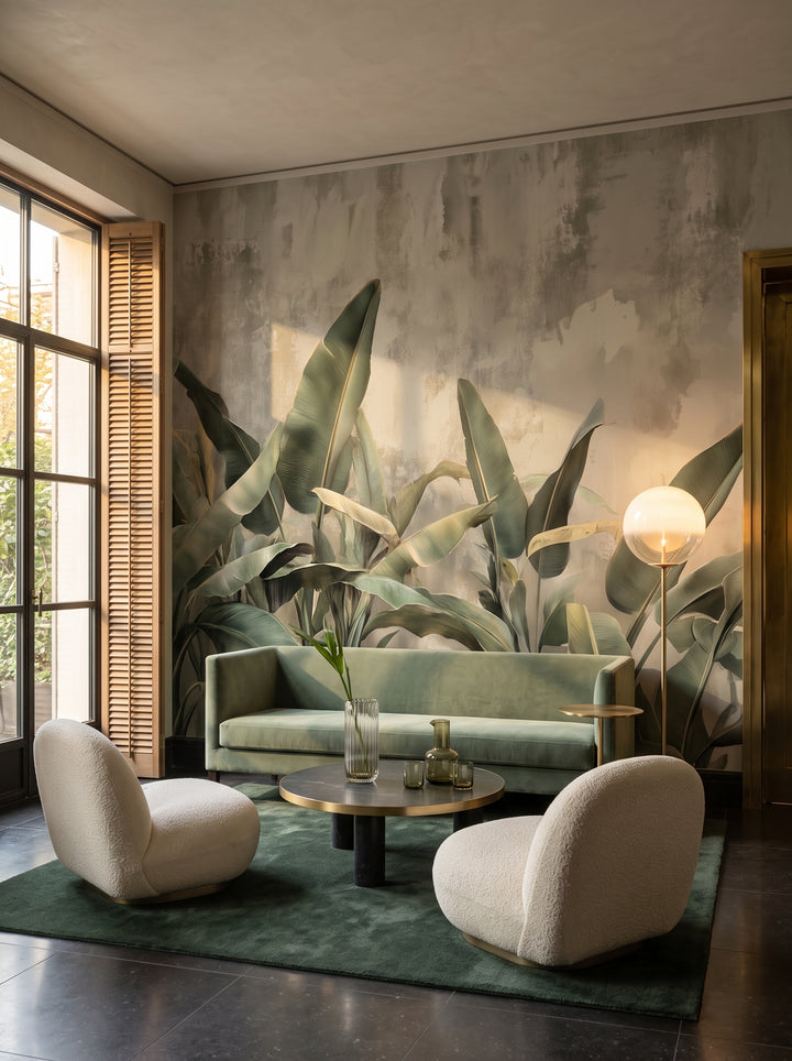Fototapeta artystyczna o nazwie BOTANICAL GRACE w aranżacji wnętrza: lounge w lobby butikowego hotelu.