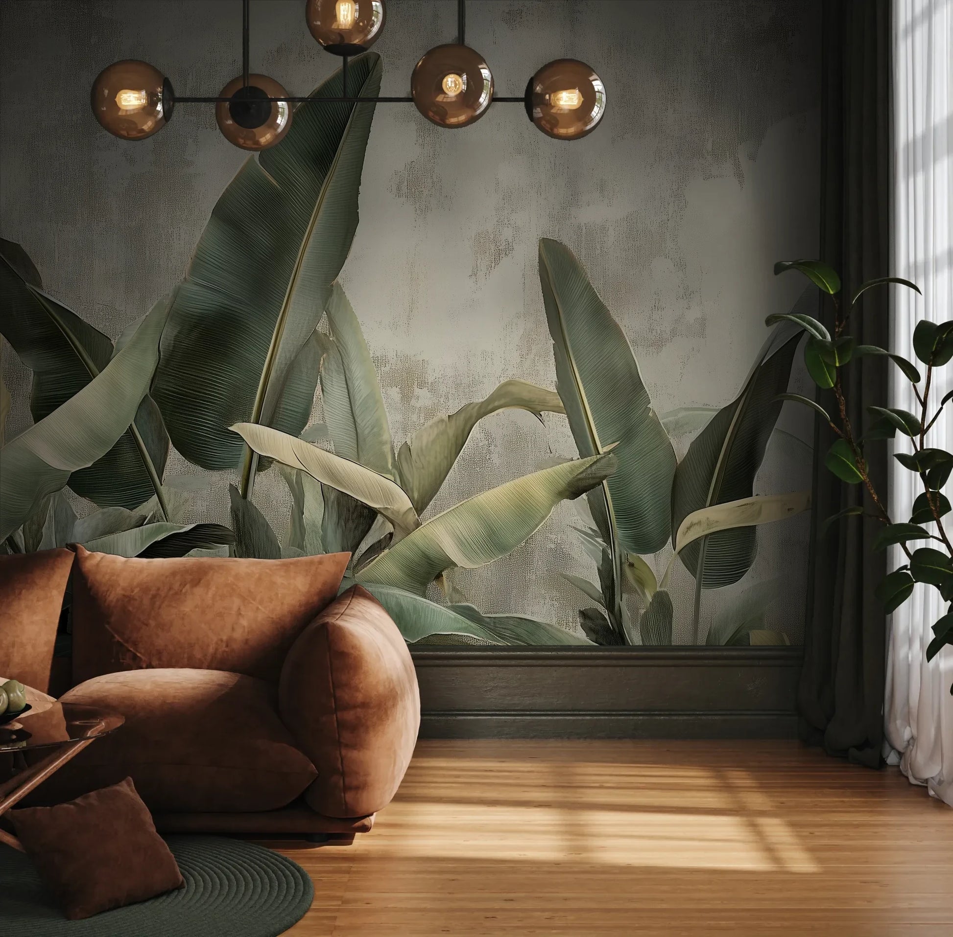 Fototapeta BOTANICAL GRACE - tapeta z tropikalnymi liśćmi bananowca pokazana w aranżacji wnętrza z akcentem na ścianie.