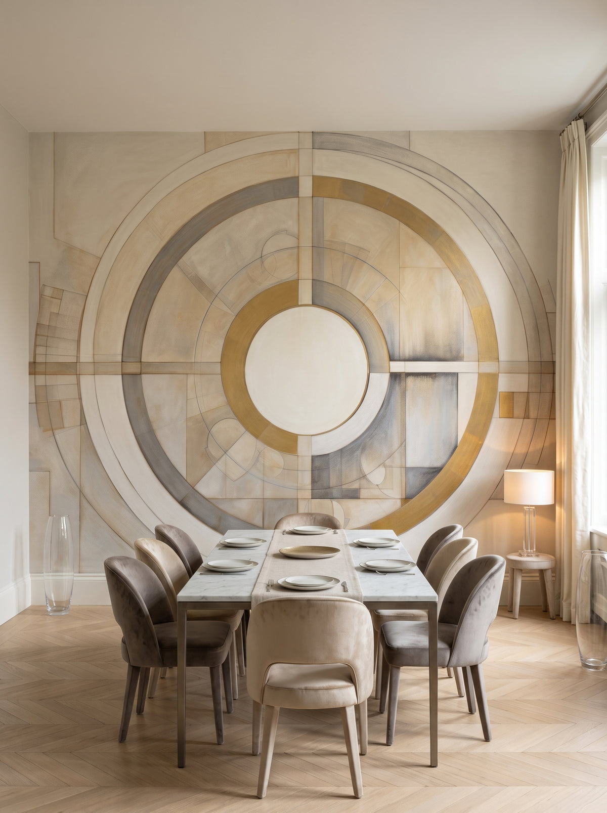 Fototapeta artystyczna o nazwie CIRCULAR SYMMETRY IN GOLD AND CREAM w aranżacji wnętrza: elegancka jadalnia w stylu nowoczesnej klasyki.