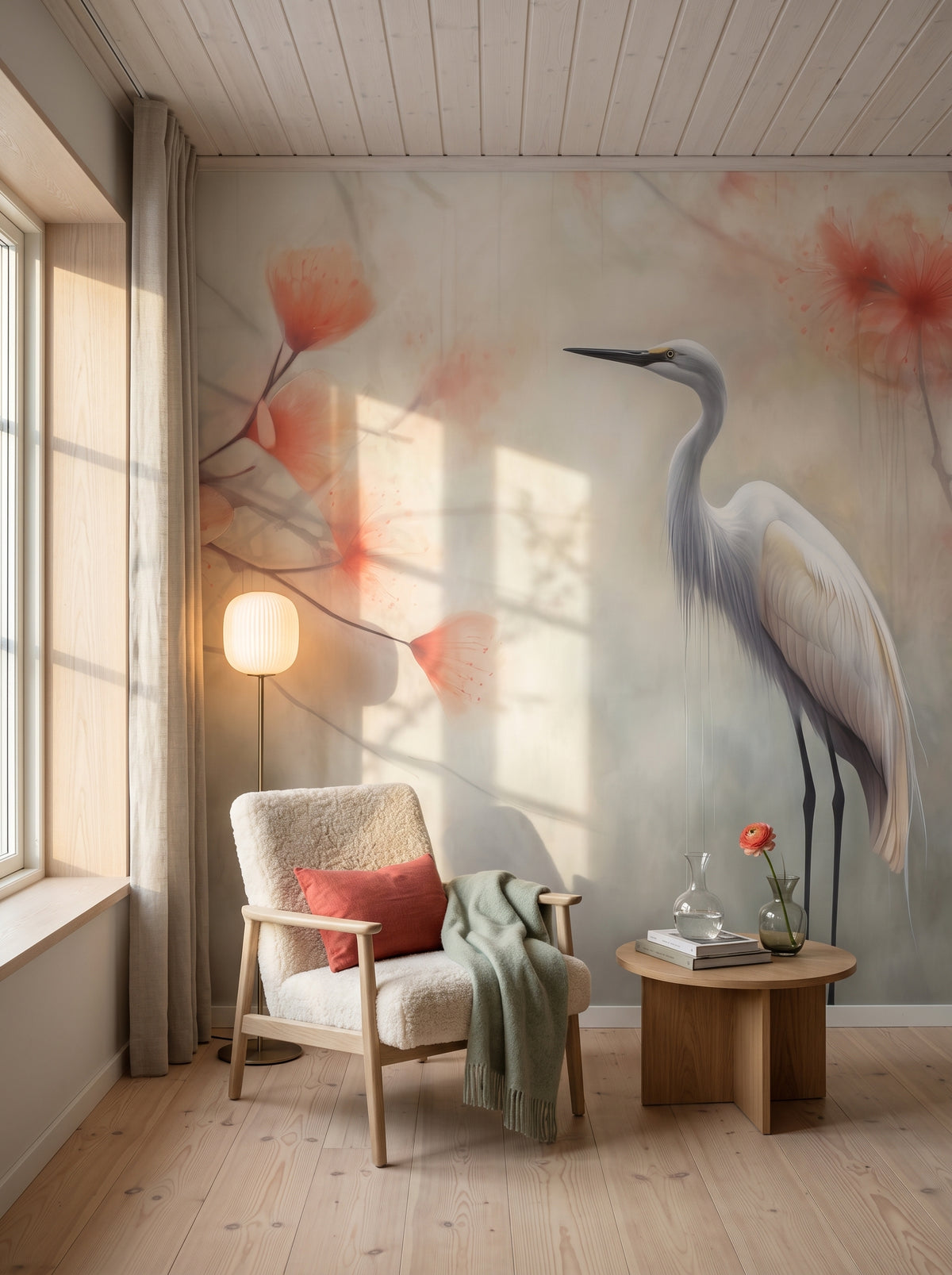 Fototapeta artystyczna o nazwie Serene Heron w aranżacji wnętrza: kącik do czytania w jasnej skandynawskiej willi.