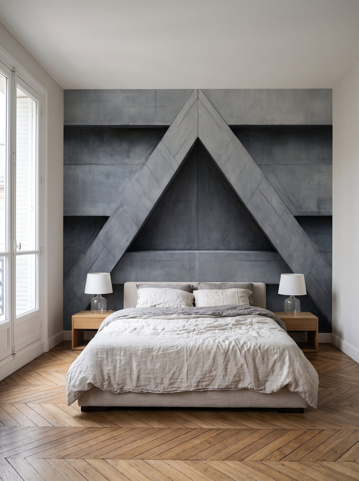 Fototapeta artystyczna o nazwie Triangular Harmony w aranżacji wnętrza: sypialnia w eleganckim paryskim apartamencie.