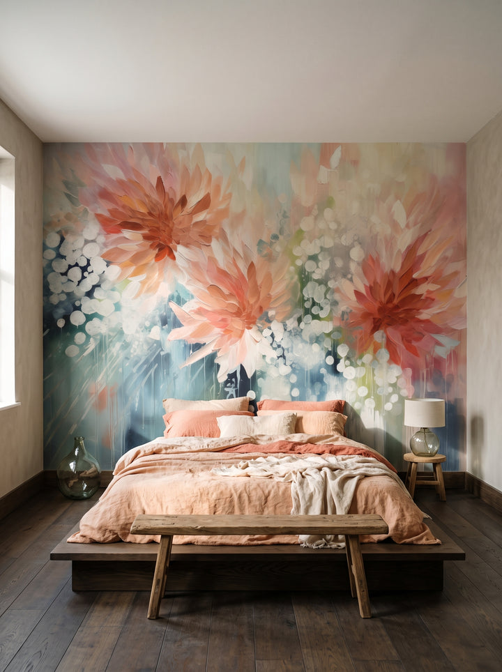 Fototapeta artystyczna o nazwie Whispering Petal Elegance w aranżacji wnętrza: spokojna sypialnia w stylu wabi-sabi.