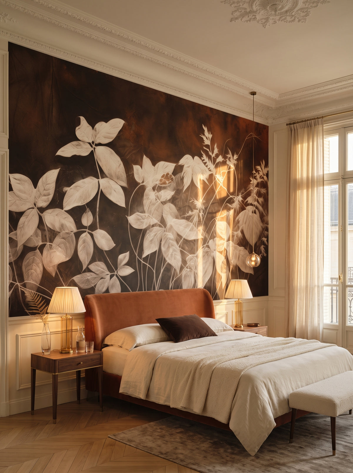 Fototapeta artystyczna o nazwie Twilight Botanicals w aranżacji wnętrza: sypialnia w paryskim apartamencie.