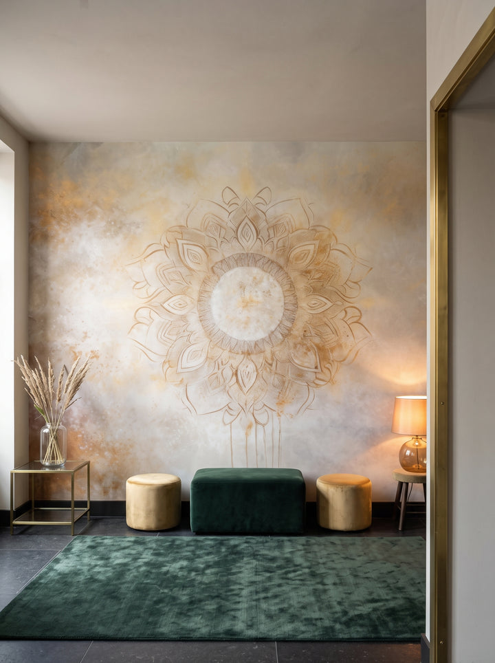 Fototapeta artystyczna o nazwie Golden Radiance w aranżacji wnętrza: lobby w butikowym hotelu designerskim.