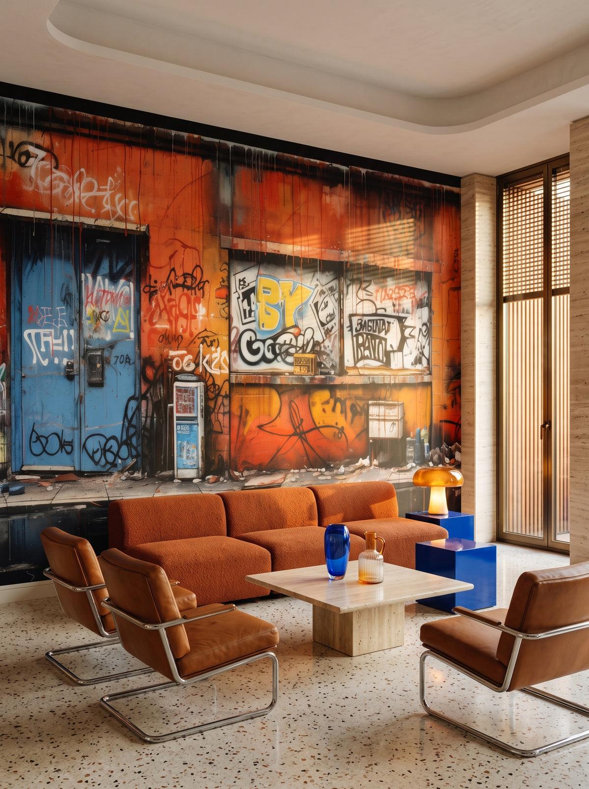 Fototapeta artystyczna o nazwie Graffiti Panorama w aranżacji wnętrza: salon w mediolańskim apartamencie z lat 70..