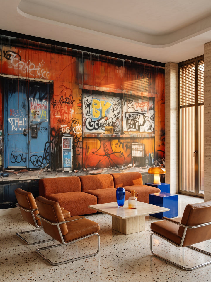 Fototapeta artystyczna o nazwie Graffiti Panorama w aranżacji wnętrza: salon w mediolańskim apartamencie z lat 70..