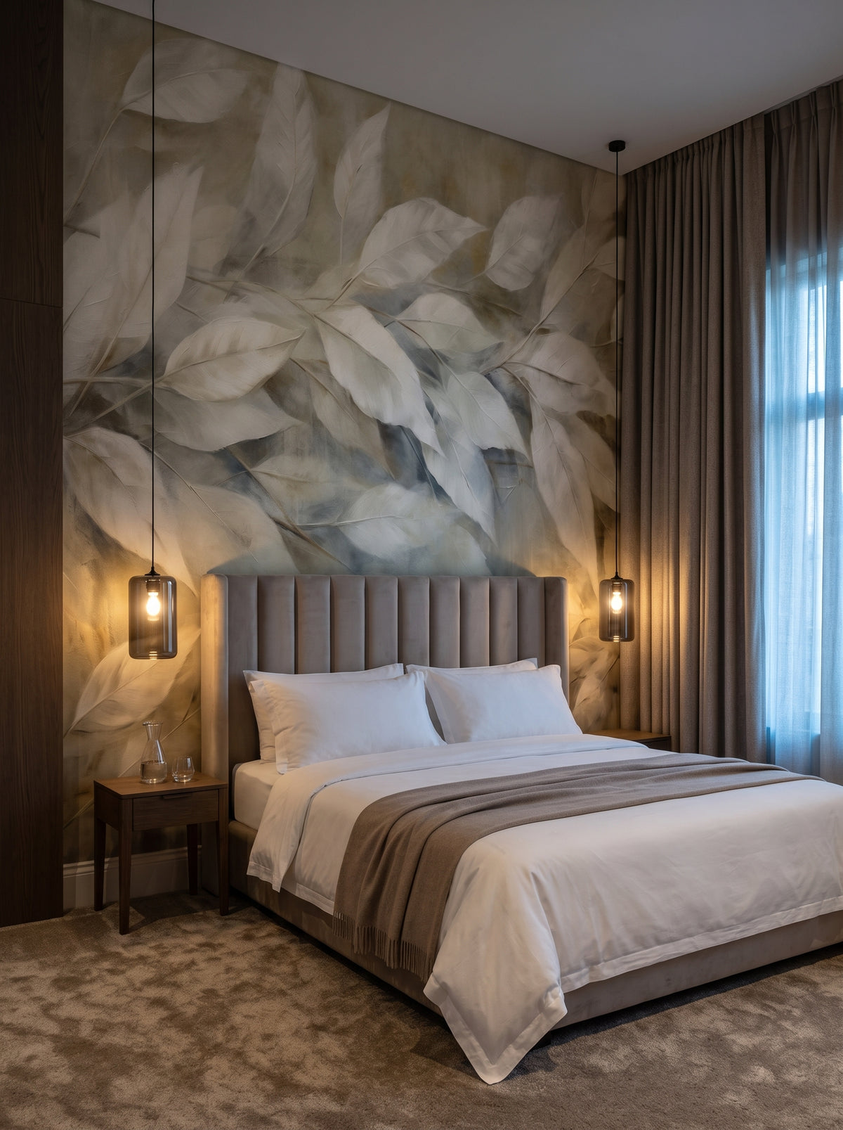 Fototapeta artystyczna o nazwie Silver Serenity w aranżacji wnętrza: apartament hotelowy, cichy luksus.