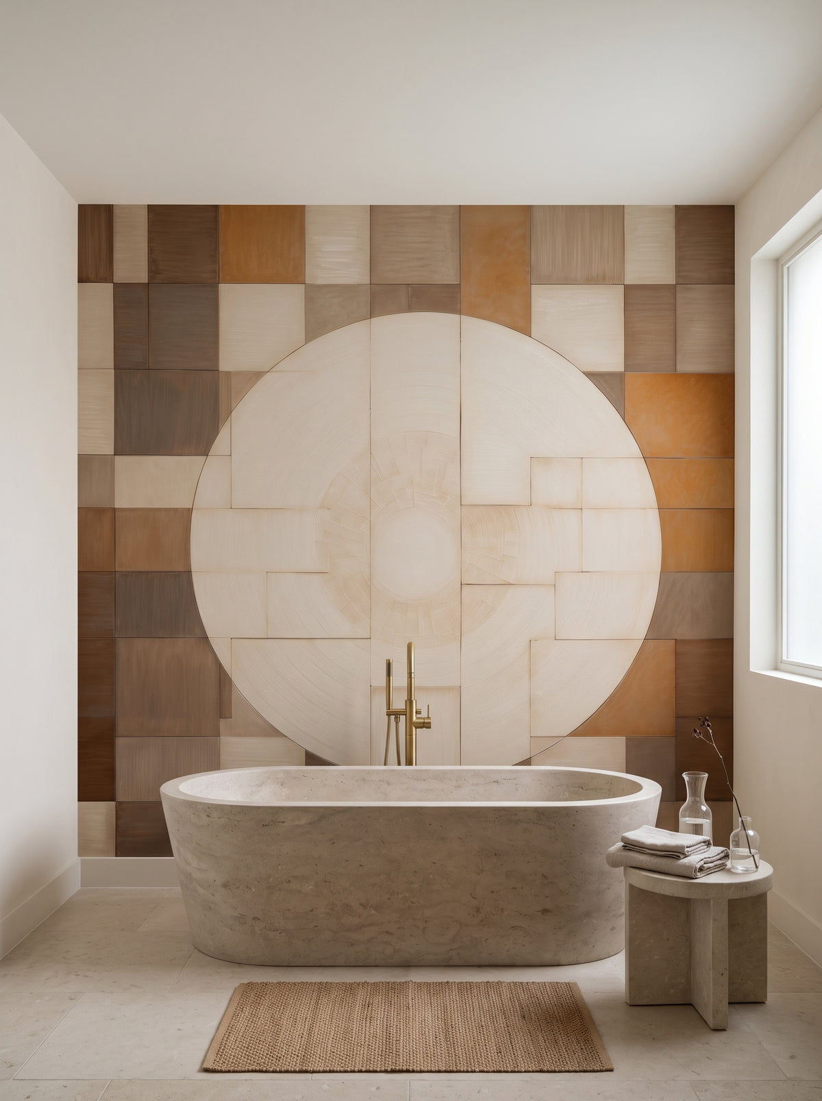 Fototapeta artystyczna o nazwie WOODEN PATCHWORK SOLARIS w aranżacji wnętrza: łazienka spa w luksusowej rezydencji.