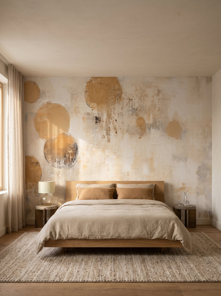 Fototapeta artystyczna o nazwie GOLDEN VISTA SPHERES w aranżacji wnętrza: sypialnia w apartamencie hotelu designerskiego.