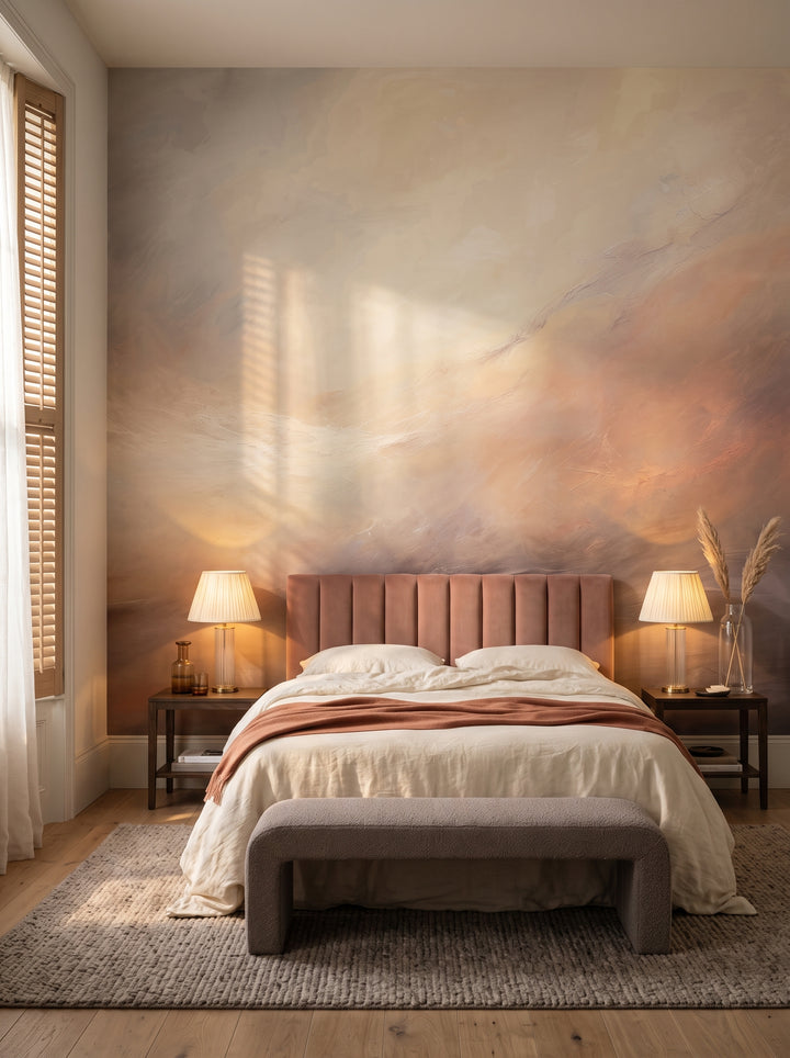 Fototapeta artystyczna o nazwie WHISPERING DUSK w aranżacji wnętrza: apartament w pięciogwiazdkowym hotelu w stylu quiet luxury.