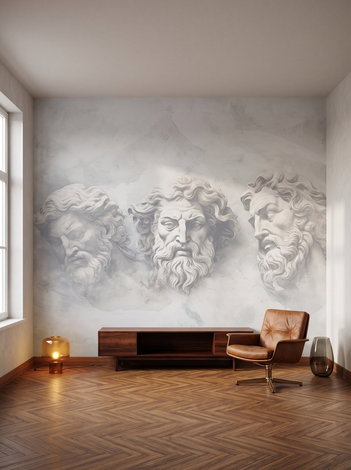 Fototapeta artystyczna o nazwie Sages of Antiquity w aranżacji wnętrza: salon kolekcjonera w stylu mid-century modern.