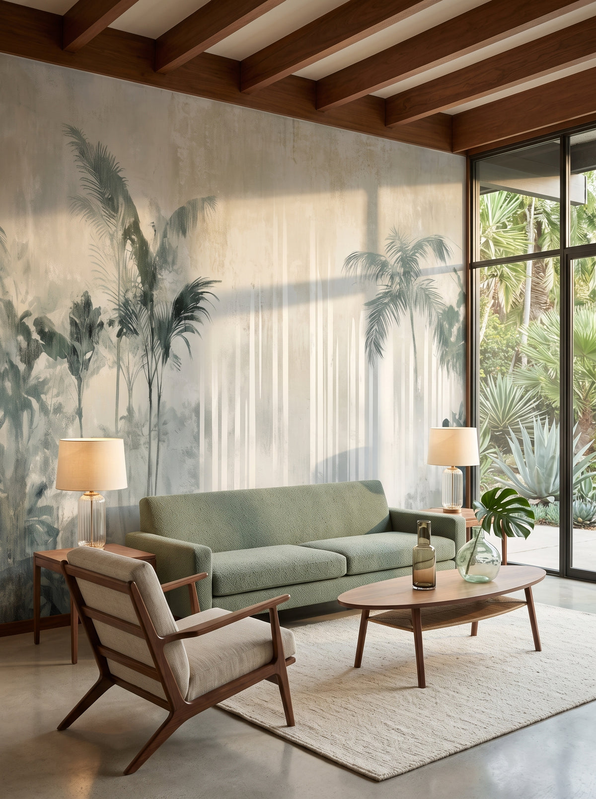 Artistic wall mural “Ivory Surge” in an interior: living room in a Californian mid-century house.