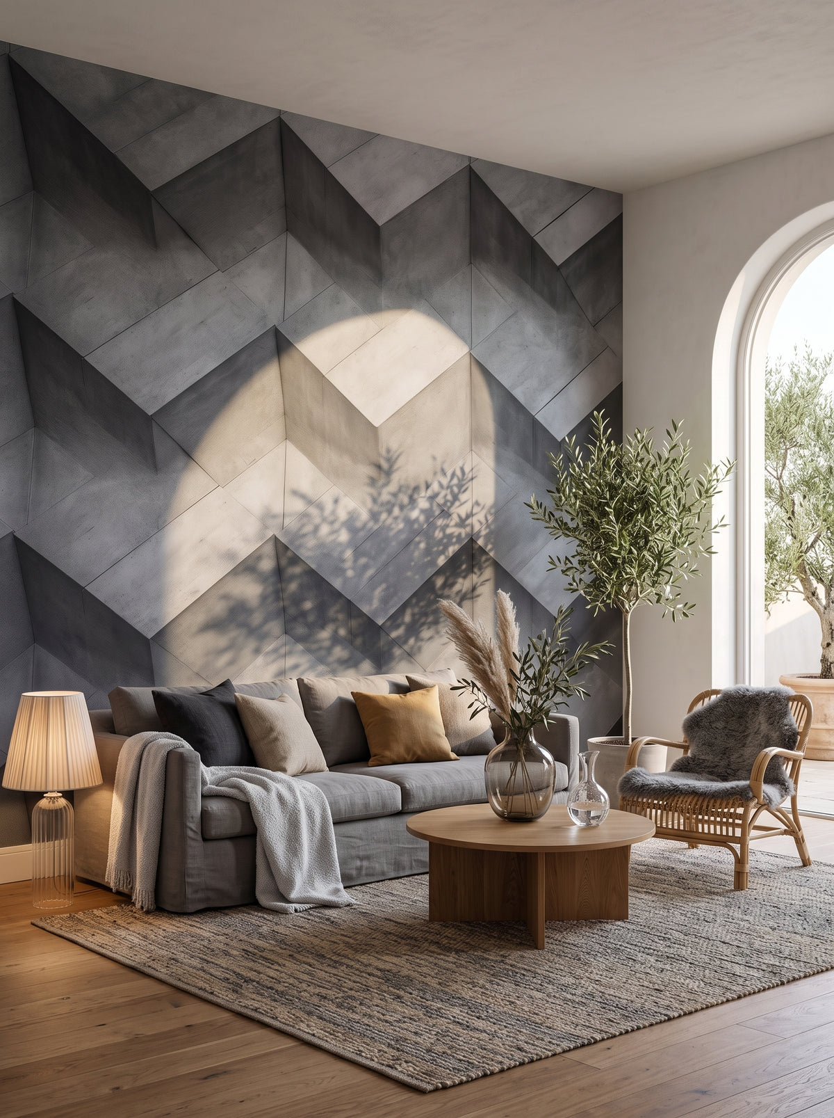 Fototapeta artystyczna o nazwie Zigzag Concrete w aranżacji wnętrza: salon w stylu wyrafinowanego boho z wyjściem na taras.