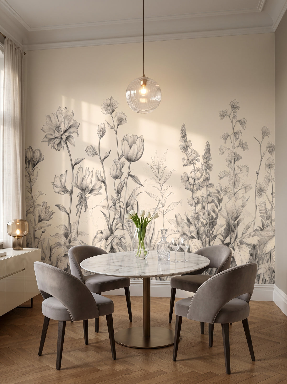 Fototapeta artystyczna o nazwie Floral Array w aranżacji wnętrza: jadalnia w kamienicy w stylu nowoczesnej klasyki.