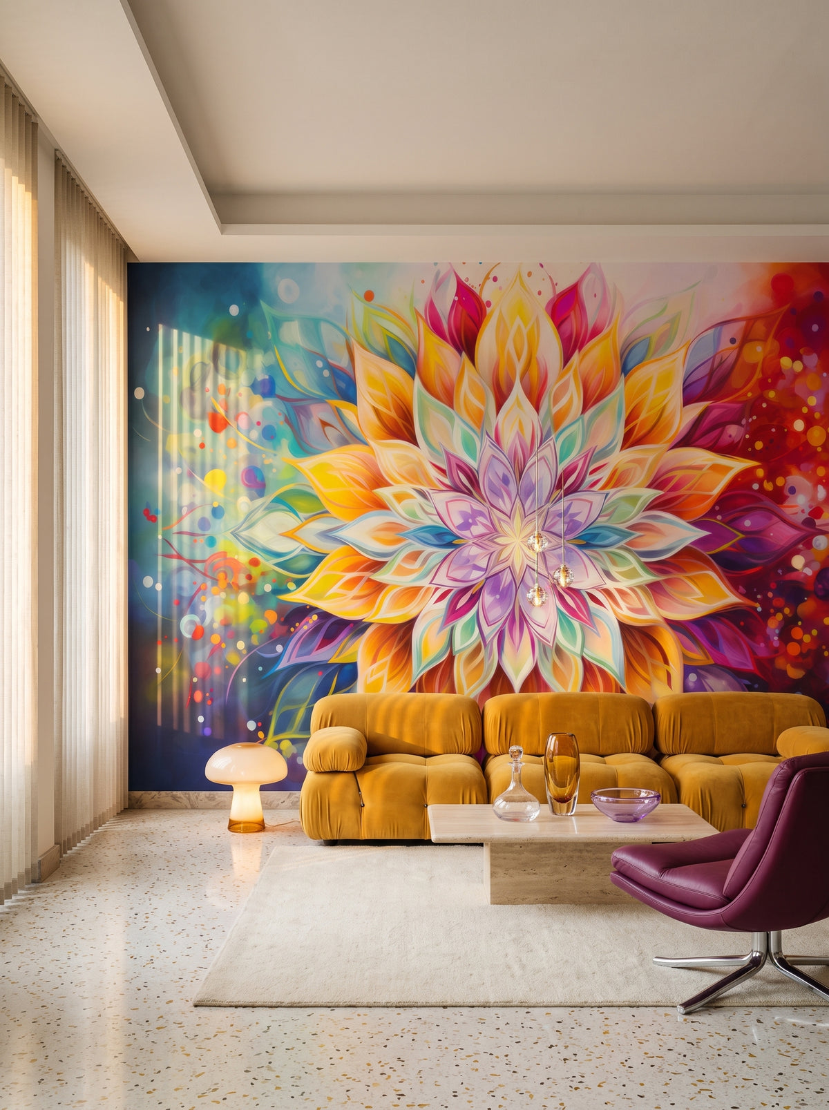 Fototapeta artystyczna o nazwie Luminous Petals w aranżacji wnętrza: salon w mediolańskim apartamencie z lat 70..