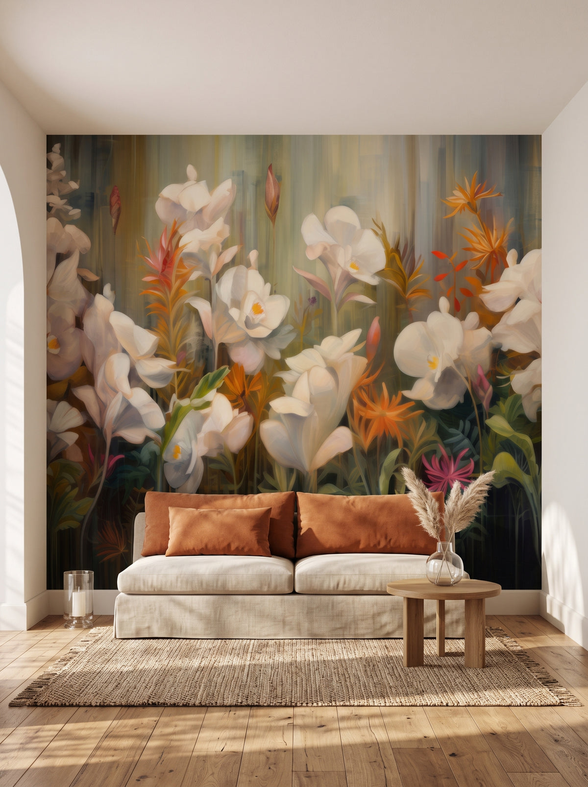 Fototapeta artystyczna o nazwie Rainforest Orchid Delight w aranżacji wnętrza: salon w wyrafinowanym stylu boho.
