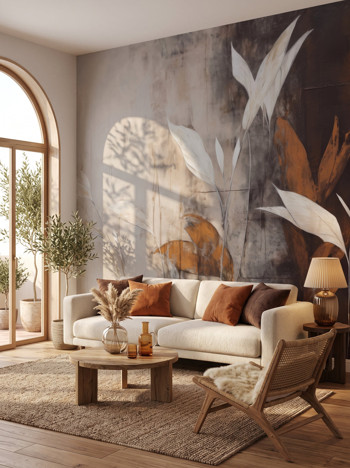 Fototapeta artystyczna o nazwie Subdued Floral Shadows w aranżacji wnętrza: salon w stylu wyrafinowanego boho z łukowym wyjściem na taras.