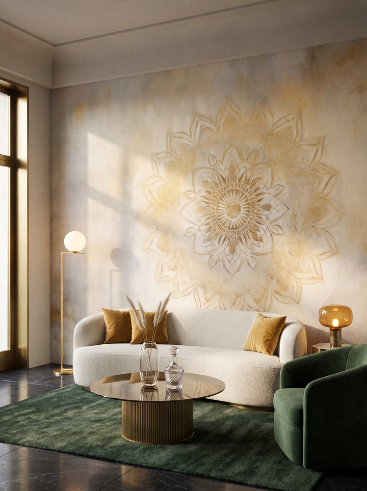 Fototapeta artystyczna o nazwie Harmony in Bloom w aranżacji wnętrza: lobby lounge butikowego hotelu designerskiego.
