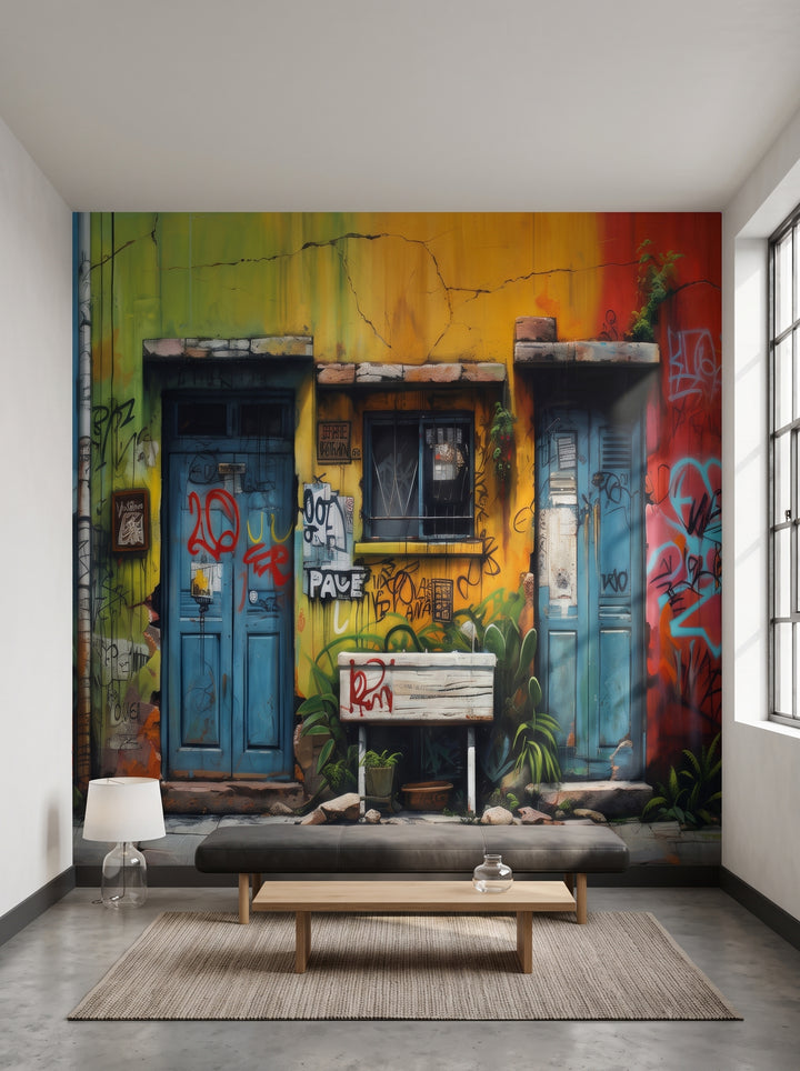 Fototapeta artystyczna o nazwie Vivid Alleys w aranżacji wnętrza: loft w przerobionej hali w stylu industrialnym.