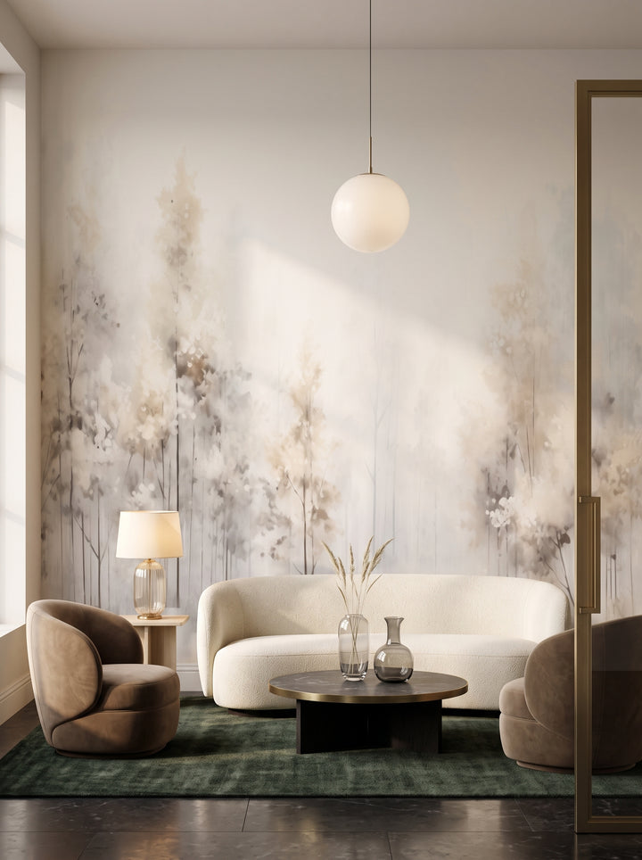 Fototapeta artystyczna o nazwie WINTER FROST FOREST MURAL w aranżacji wnętrza: lobby lounge butikowego hotelu designerskiego.