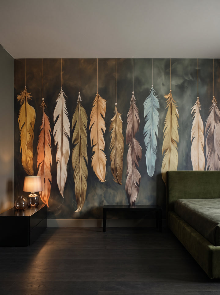 Fototapeta artystyczna o nazwie Dusk Serenity w aranżacji wnętrza: ciemna sypialnia w hotelu projektanckim.
