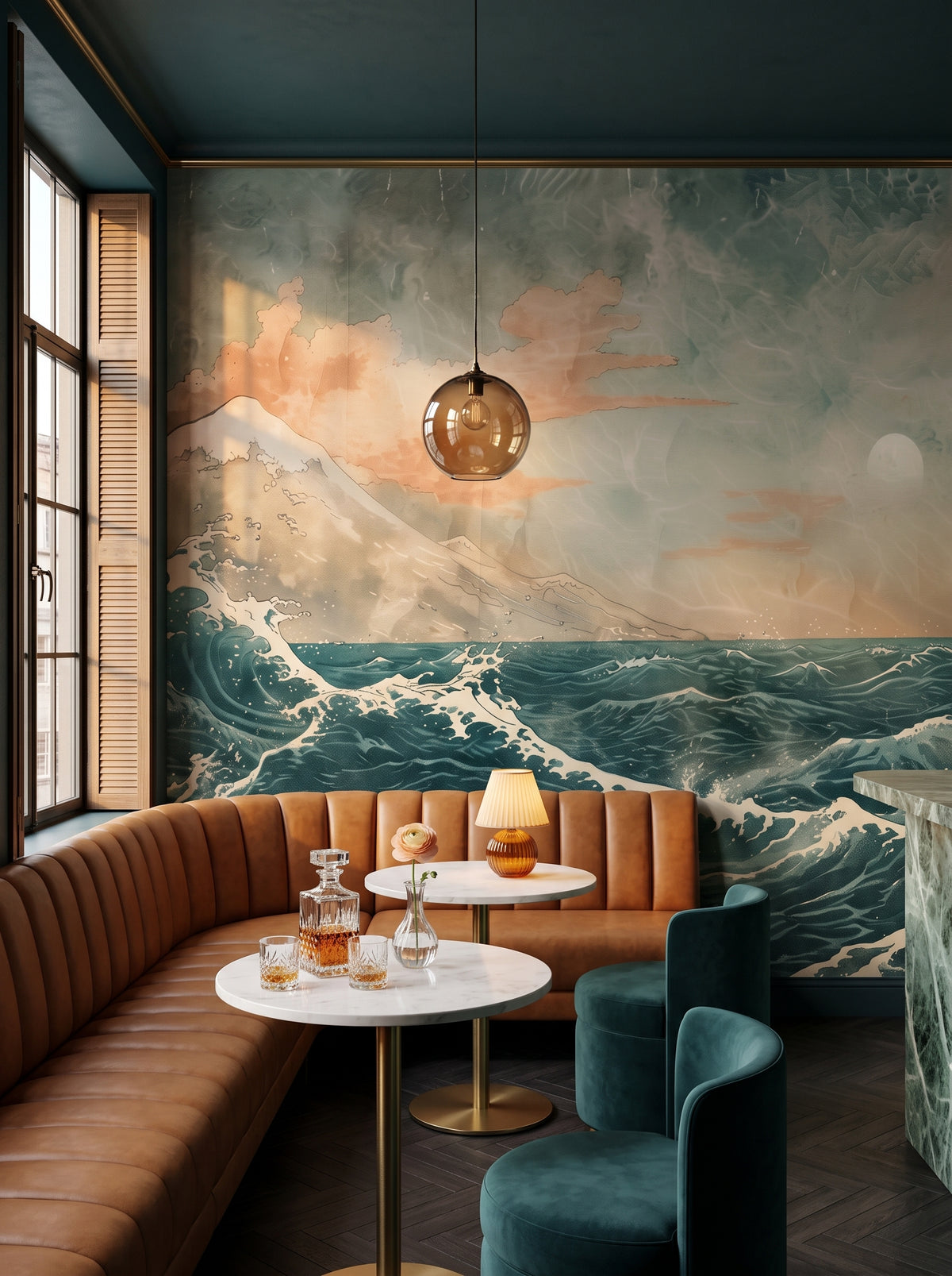 Mustervorschau: Fototapeta artystyczna o nazwie Moonlit Ocean Serenade w aranżacji wnętrza: bar lounge w butikowym hotelu.
