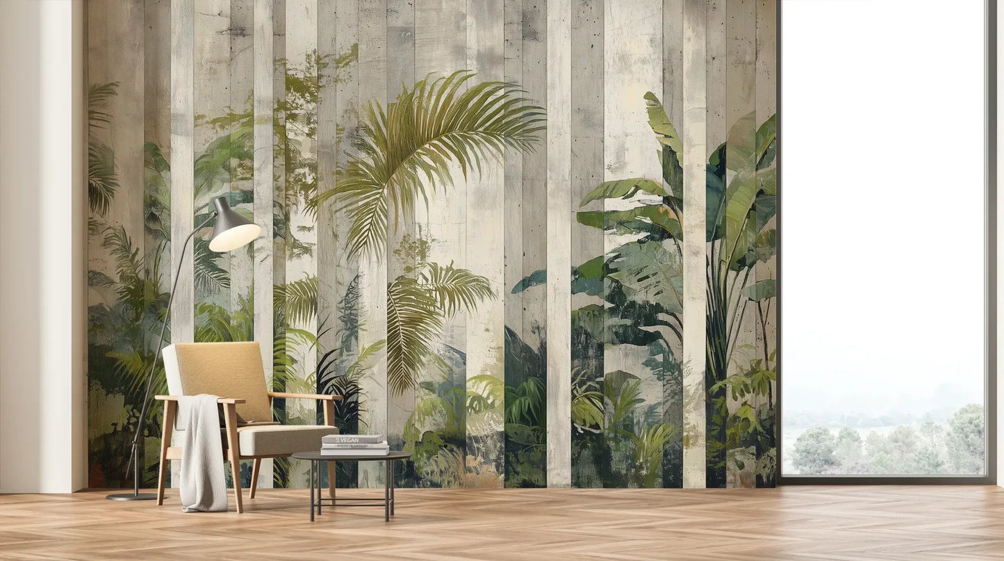 Wzór fototapety VERTICAL PARADISE - tapeta z tropikalną dżunglą na tle jasnych pasów pokazanej w aranżacji salonu.